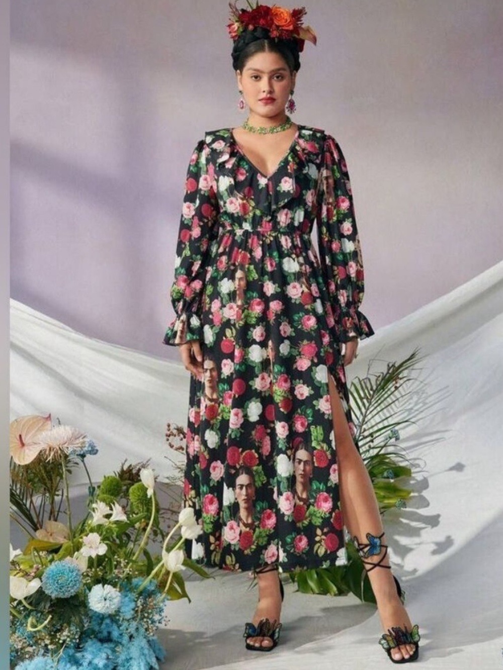 Frida Kahlo x SHEIN Roses and Portraits Red Floral Ruffle Dress - Size 12 (0XL)